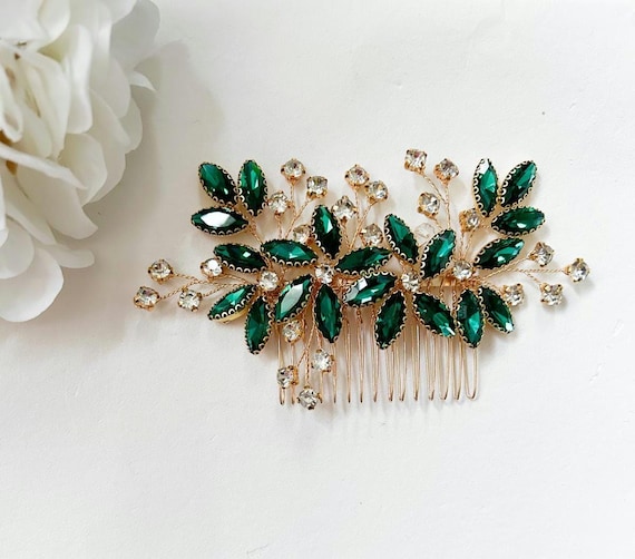 Gold Leaf Hair Comb with Emerald Green Crystal Accents by Emerald Green Crystal Hair Comb With Gold Leaves, Bridal  main image 4