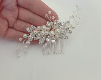 Bridal Silver Crystal Pearl Hair Comb:Wedding Sparkly Silver Leaf Hair Accessory