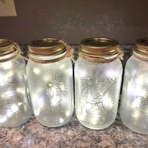 Frosted Mason Jar with Lights and Jute String.