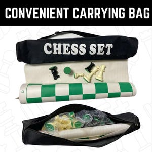 May include: A black carrying bag with the text "Chess Set" printed on it. The bag contains a green and white chessboard, chess pieces, and a white roll-up board.