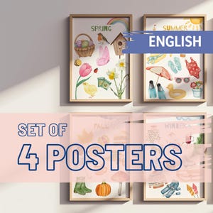 Könnte beinhalten: Satz von vier bunten Postern, die die vier Jahreszeiten darstellen: Frühling, Sommer, Herbst und Winter. Jedes Poster zeigt Illustrationen von Objekten und Aktivitäten, die mit jeder Jahreszeit verbunden sind. Die Poster sind mit dem Namen der Jahreszeit und dem Wort "ENGLISCH" beschriftet.