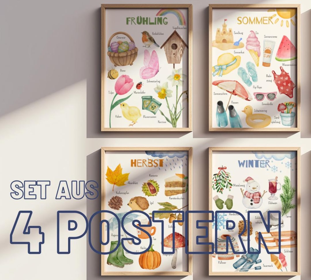 Four Seasons Children's Poster Set - Watercolor Wall Art - Digital ...