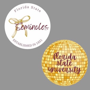 May include: Two circular stickers. The first is white with a gold bow illustration, the text "Florida State Seminoles" and "ESTABLISHED IN 1851". The second is a gold disco ball pattern with the text "florida state university" in dark red.
