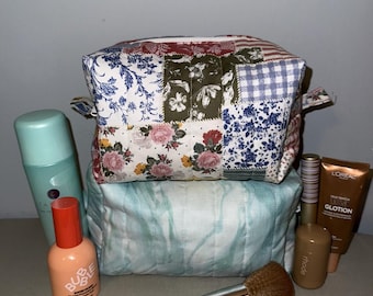 Quilted Boxy Makeup Bag; Handmade Cosmetic Bag; Pouch for Toiletries