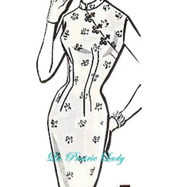 Modèle vintage de reproduction de robe fourreau chinoise n° 7 de la fin des années 1950 sur PDF imprimable buste 32-33