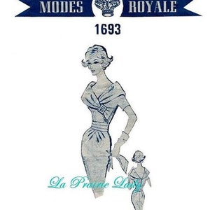 May include: Vintage sewing pattern for a dress with a wrap bodice and a fitted skirt. The pattern is from Modes Royale and is number 1693. The pattern is illustrated with a woman wearing the dress.
