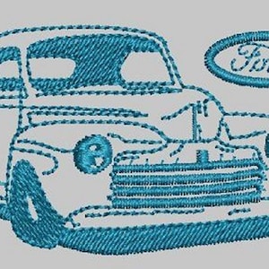 以下が含まれることがあります： フォードの文字が楕円形の中に書かれた、ヴィンテージのフォード車の青い刺繍デザイン