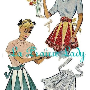 Op de afbeelding: Vintage illustratie van twee vrouwen die schorten dragen. Een vrouw houdt een boeket bloemen vast en de andere een taart. De tekst "La Prairie Lady" is zichtbaar in de afbeelding.