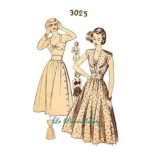 May include: Vintage sewing pattern for a sleeveless dress with a V-neckline and a gathered skirt. The pattern number is 3025.