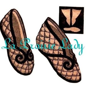 May include: A pair of brown leather slippers with a quilted pattern and a black swirl design. The slippers have a pointed toe and a low heel.