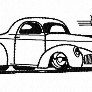 May include: Black and white line drawing of a vintage car with a stylized 'W' logo above it.