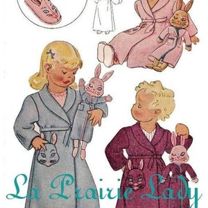 May include: Vintage sewing pattern for children's bunny-themed pajamas. The pattern includes a robe with a bunny face pocket and bunny-shaped slippers. The pattern is illustrated with children wearing the pajamas and holding bunny dolls.