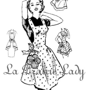 May include: A black and white illustration of a woman wearing a polka dot apron with a flower design. The apron has a bow at the waist and a pocket on the front. The illustration is from a vintage sewing pattern.