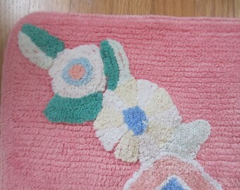 Vintage Chenille Pink Floral Bath Mat or Bedside Rug