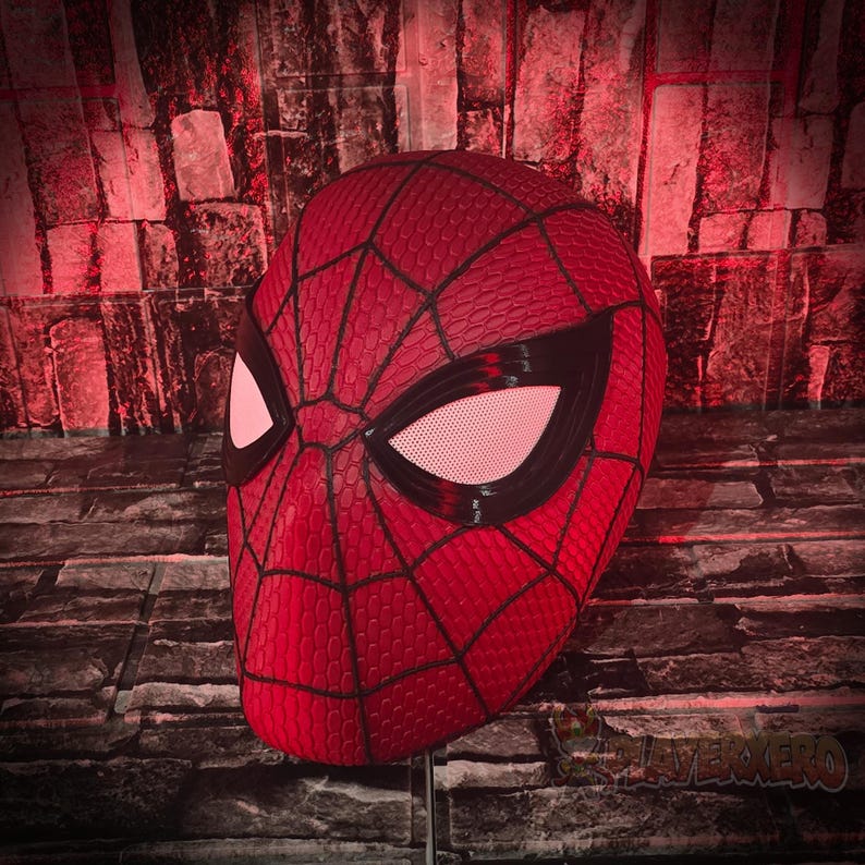 spiderman mask cosplay helmet cinematic red background display photo