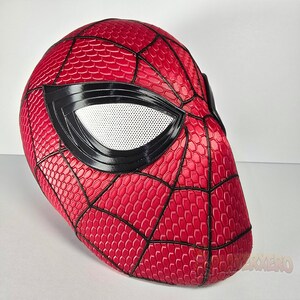 3d printed spiderman mask texture detail red web pattern cosplay helmet surface