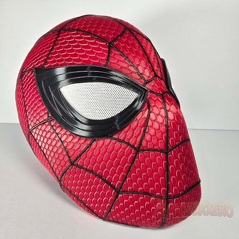 3d printed spiderman mask texture detail red web pattern cosplay helmet surface
