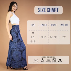 May include: Size chart for a pair of blue and black printed palazzo pants. The chart shows the size, length, waist, and inseam measurements in inches. The size is labeled as M (US 0-18). The length is 40.5 inches, the waist is 24 to 38 inches, and the inseam is 27 inches. The chart also includes laundry instructions: hand wash only, cold water, iron under 110C, do not tumble dry, and do not bleach.