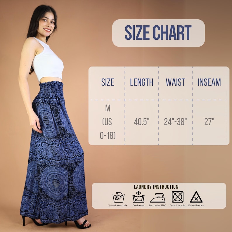 May include: Size chart for a pair of blue and black printed palazzo pants. The chart shows the size, length, waist, and inseam measurements in inches. The size is labeled as M (US 0-18). The length is 40.5 inches, the waist is 24 to 38 inches, and the inseam is 27 inches. The chart also includes laundry instructions: hand wash only, cold water, iron under 110C, do not tumble dry, and do not bleach.