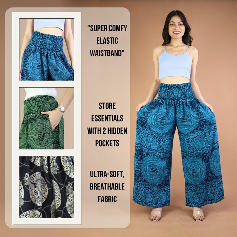 May include: Three different patterned wide-leg pants with an elastic waistband. The pants are blue, green, and black with a circular pattern. The text "SUPER COMFY ELASTIC WAISTBAND" is in the top right corner. The text "STORE ESSENTIALS WITH 2 HIDDEN POCKETS" is in the middle right corner. The text "ULTRA-SOFT, BREATHABLE FABRIC" is in the bottom right corner.