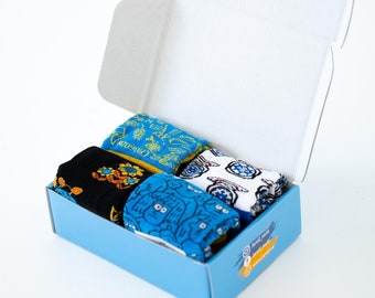 Unique Patriotic Socks &quot;Glory to Ukraine&quot; Set of 4, Ukrainian Socks, Box, Long Unisex Cotton Socks, Comfortable Natural Socks, Gift Socks