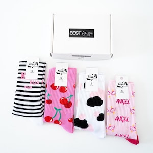 Colorful Set of Socks, Long Cotton Socks with Angel Design, Cute Cherry Socks for Women, Patterned Socks, Fashion Girl Socks, Casual Socks