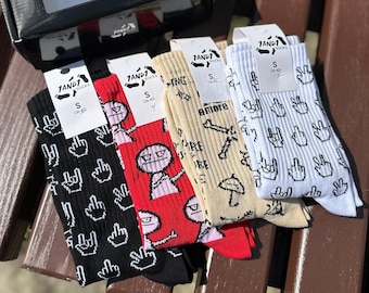 Set of 4 Pairs &quot;All fingers&quot; Socks - Long and Soft Cotton Socks for Him and Her, Unique Casual Graphic Socks, Fun Unisex Socks, Perfect Gift