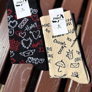 Socks with “Tattoo” Design, Set of 2 Pairs, Handmade Natural Cotton Socks, Comfortable Gift Socks for Her or Him, Casual Everyday Socks
