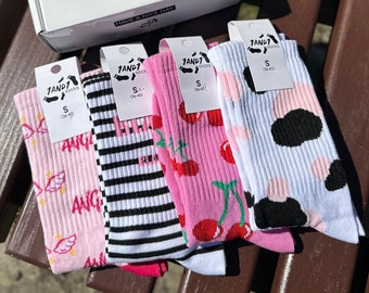 Conjunto de calcetines de algodón, rayas, cerezas, diseño de ángel
