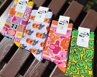 Set of 4 Pairs of &quot;Color vibes&quot; Socks, Long Socks for Girls, Casual Gift Socks for Girlfriend, Her, Vibrant Socks, Lovely Gift for Couple