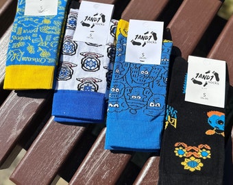 Cotton Socks Set of 4 - &quot;Glory to Ukraine&quot;, Handmade Casual Socks, Comfortable Patriotic Long Socks for Women and Man , Gift Made in Ukraine