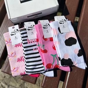 New! Socks &quot;For Girls&quot; Set of 4, Comfortable Cotton Pink Socks, Gift for Her, Colorful Women Socks Set, Long Stylish Socks, Versatile Socks