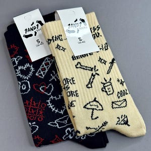Cotton Socks &quot;Tattoo&quot; Set of 2, Handmade, Comfortable Long Socks, Unisex Gift Socks for Men and Women, Casual Everyday Socks, Natural Socks