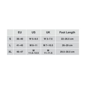 May include: A size chart table with columns for EU, US, and UK shoe sizes alongside foot length in centimeters. Rows labeled S, L, and XL display corresponding size ranges. The S row shows EU 36-40, US W 5-9.5, UK W 3-7.5, and 22-26.5 cm. L shows EU 41-45, US M 8-11, UK M 7-10.5, and 26-29 cm. XL shows EU 46-47, US M 11.5-12.5, UK M 11-11.5, and 29.5-30.5 cm.