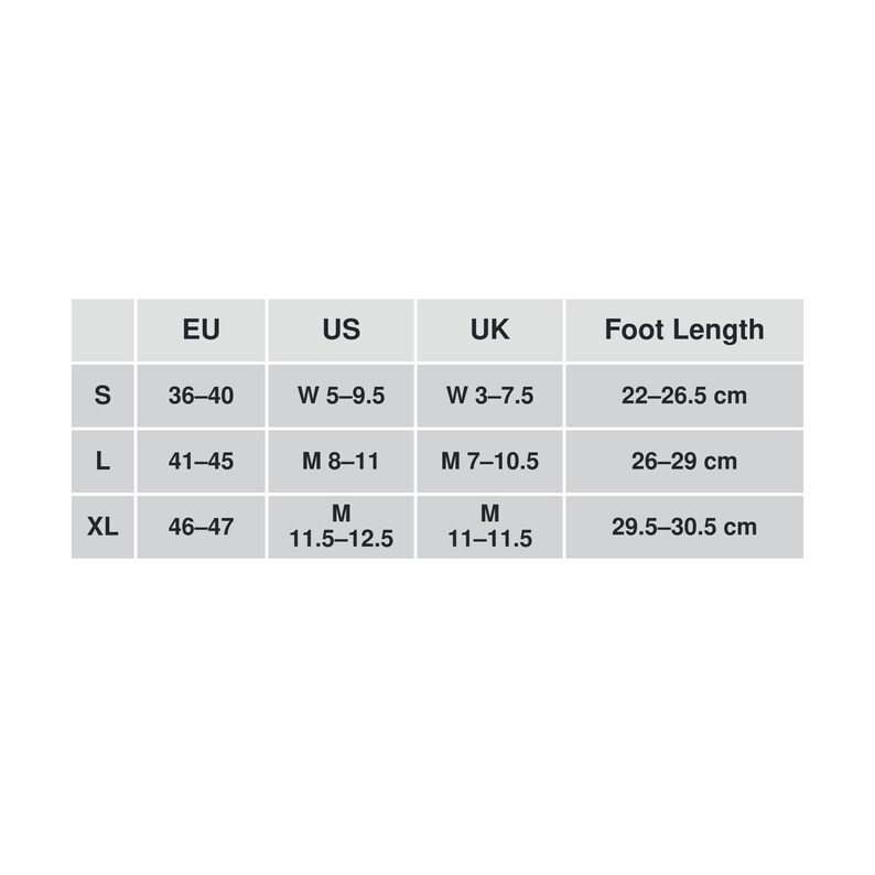 May include: A size chart table with columns for EU, US, and UK shoe sizes alongside foot length in centimeters. Rows labeled S, L, and XL display corresponding size ranges. The S row shows EU 36-40, US W 5-9.5, UK W 3-7.5, and 22-26.5 cm. L shows EU 41-45, US M 8-11, UK M 7-10.5, and 26-29 cm. XL shows EU 46-47, US M 11.5-12.5, UK M 11-11.5, and 29.5-30.5 cm.