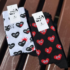 Unisex Socks Set of 2 &quot;Hearts&quot; Socks, Handmade Cotton Long Socks, Comfortable Casual Socks, Trendy Soft Natural Gift Socks, Socks for Couple