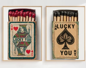 Poster boîte d'allumettes, impression Lucky You, lot de 2 oeuvres d'art mural tendance, affiche allumettes, impression carte As, affiche rétro tendance, impression boîte d'allumettes rétro