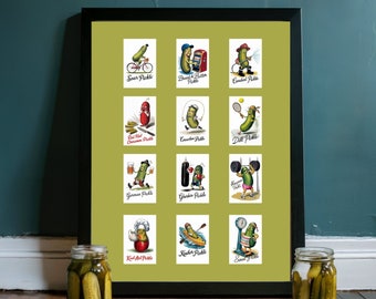 Pickle Prints, Decorative Kitchen Print, Pickles, Pickle Decor, Apartment Aesthetic, Trendy Art Prints, Pickle Gift, Funky Food Art,