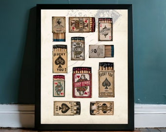 Lucky Strike Match Co, Matchbox Poster, Trendy Bar Poster, Match Box, Vintage Matches, Matchbox Prints, Retro Bar Cart Art, Lucky Poster,