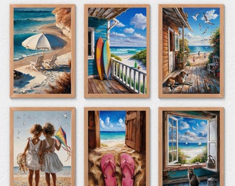 Conjunto de 6 estampas de praia, pacote de parede de galeria, estampas de praia da moda, conjunto de galeria costeira, arte de praia costeira, decoração de praia, arte de apartamento da moda