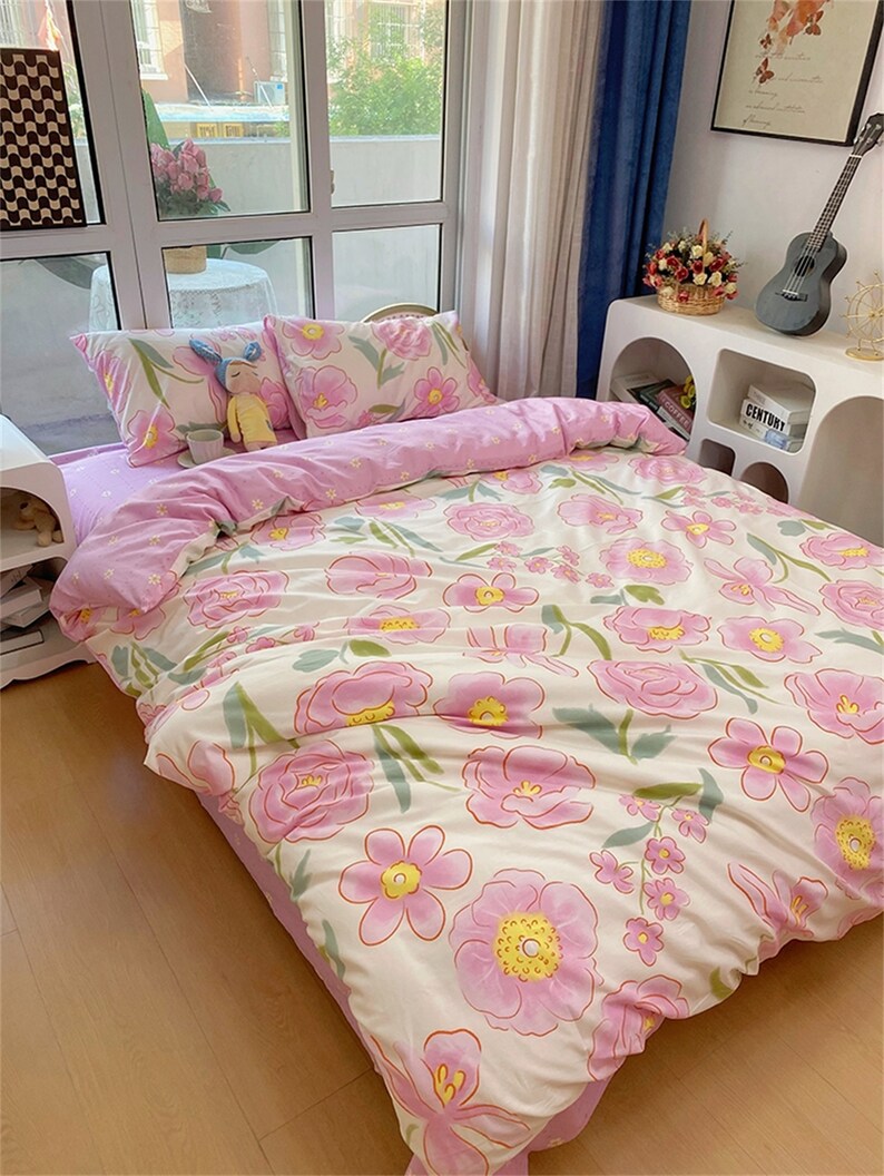 Popxstar Ins Pink Flowers Bedding Set Flat Bed Sheet Duvet Cover Twin Full Queen Nordic Bed Linen Boy Girl Bedding Sets Flower Cherry
