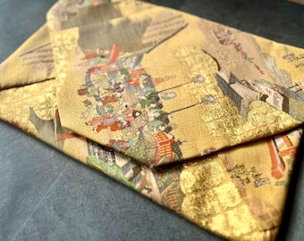 Japanese Obi Pouch Bag - Vintage Gold Brocade Kimono Fabric Clutch - Upcycled