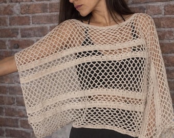 Handgemaakte gehaakte tops – rood en natuurlijk beige | Eén maat | Boho-stijl