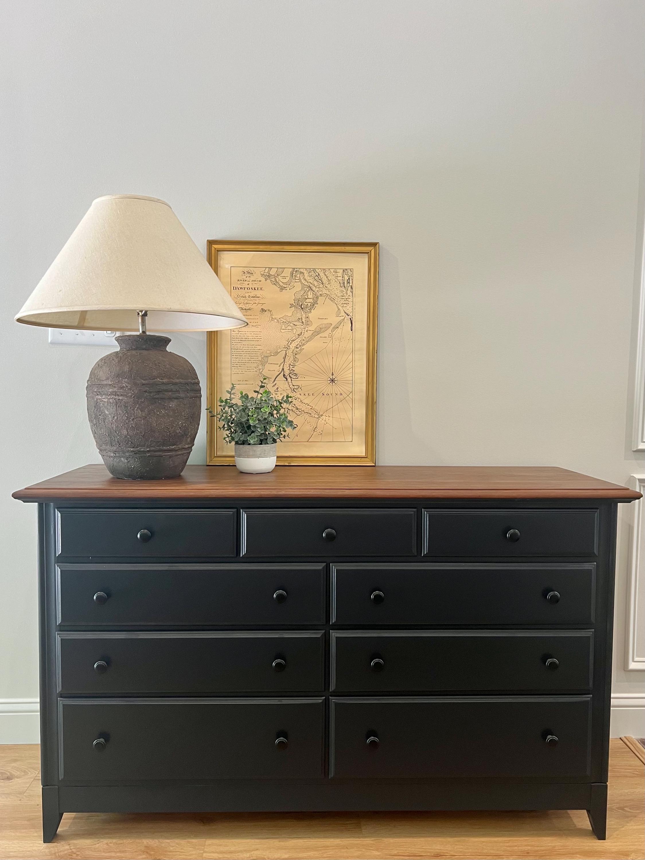 black dresser with wood top Black Dresser with Wood Top (Delivery Available) – VillelasCo Furniture main image 1