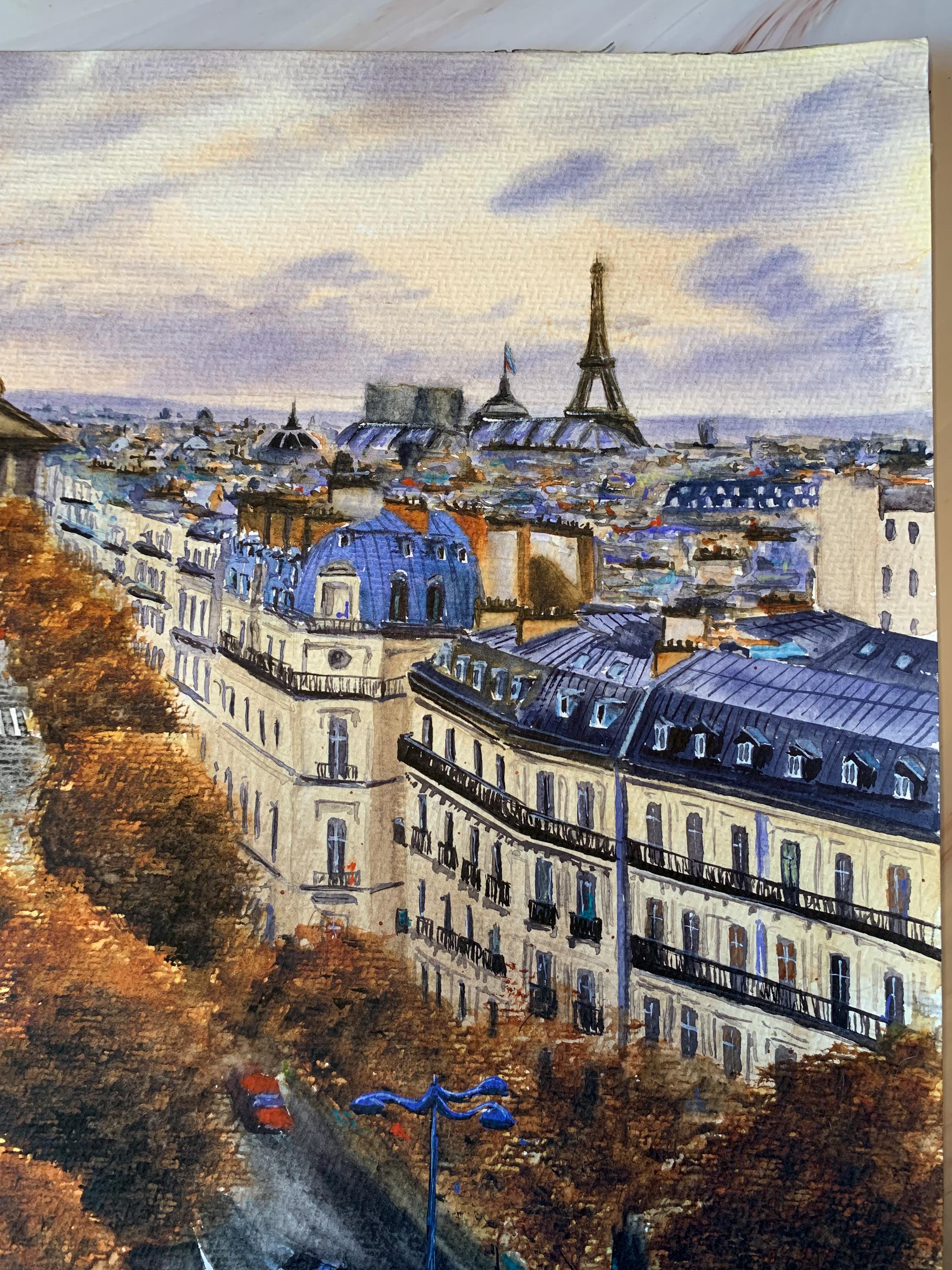 鮮やかなパリの街並みの水彩画：オリジナルパノラマアートワーク（11.8