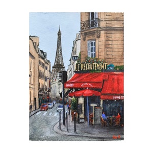 Aquarelle paysage urbain urbain, café parisien, décoration murale, oeuvre d&#39;art unique en son genre