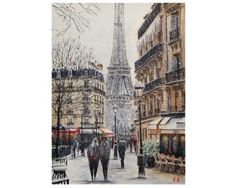Vibrant Paris Winter Cityscape Painting: Original Watercolor Artwork