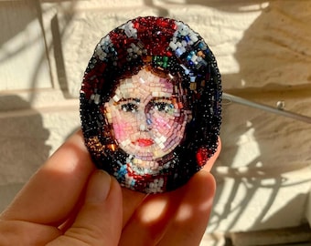 Handmade beaded brooch Embroidered portrait of Ukrainian girl