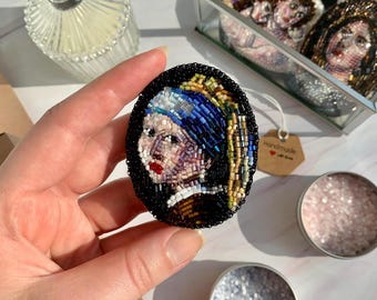 Handmade Beaded Portrait Brooch: Girl with a Pearl Earring