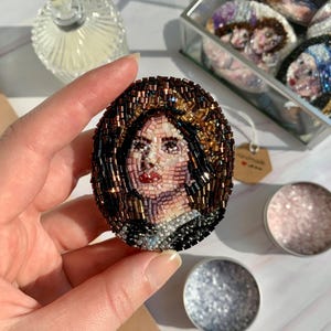 Handmade beaded brooch, Embroidered portrait of Jeanne d&#39;Arc, la Pucelle d&#39;Orléans